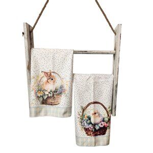 Easter Bunny and Baby Chick Hand Towels Set Spring Pastel Kitchen Bathroom Decor